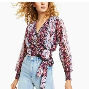 Bar III Pink Multi Wrap-Front Blouse